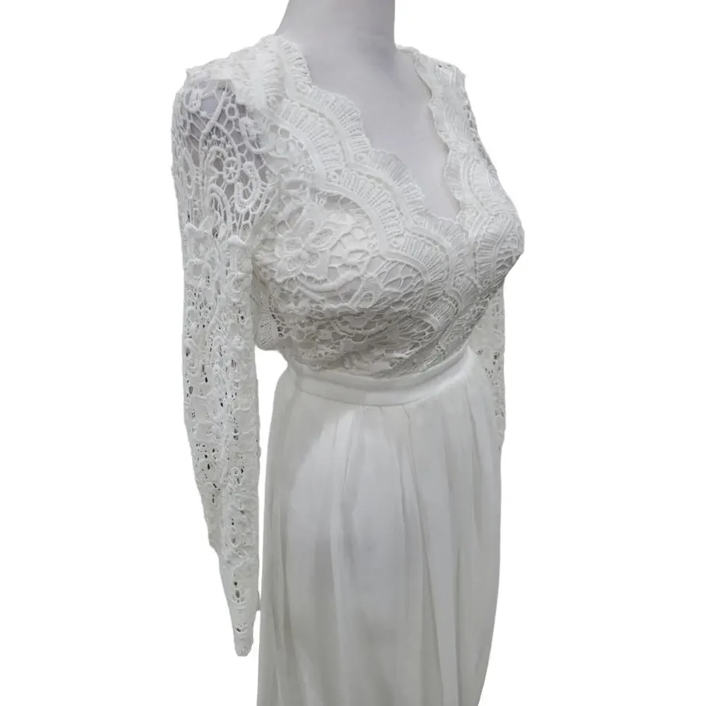 Lulus Awaken‎ My Love Maxi Dress Women’s XS White Lace Long Sleeve Bridal Formal